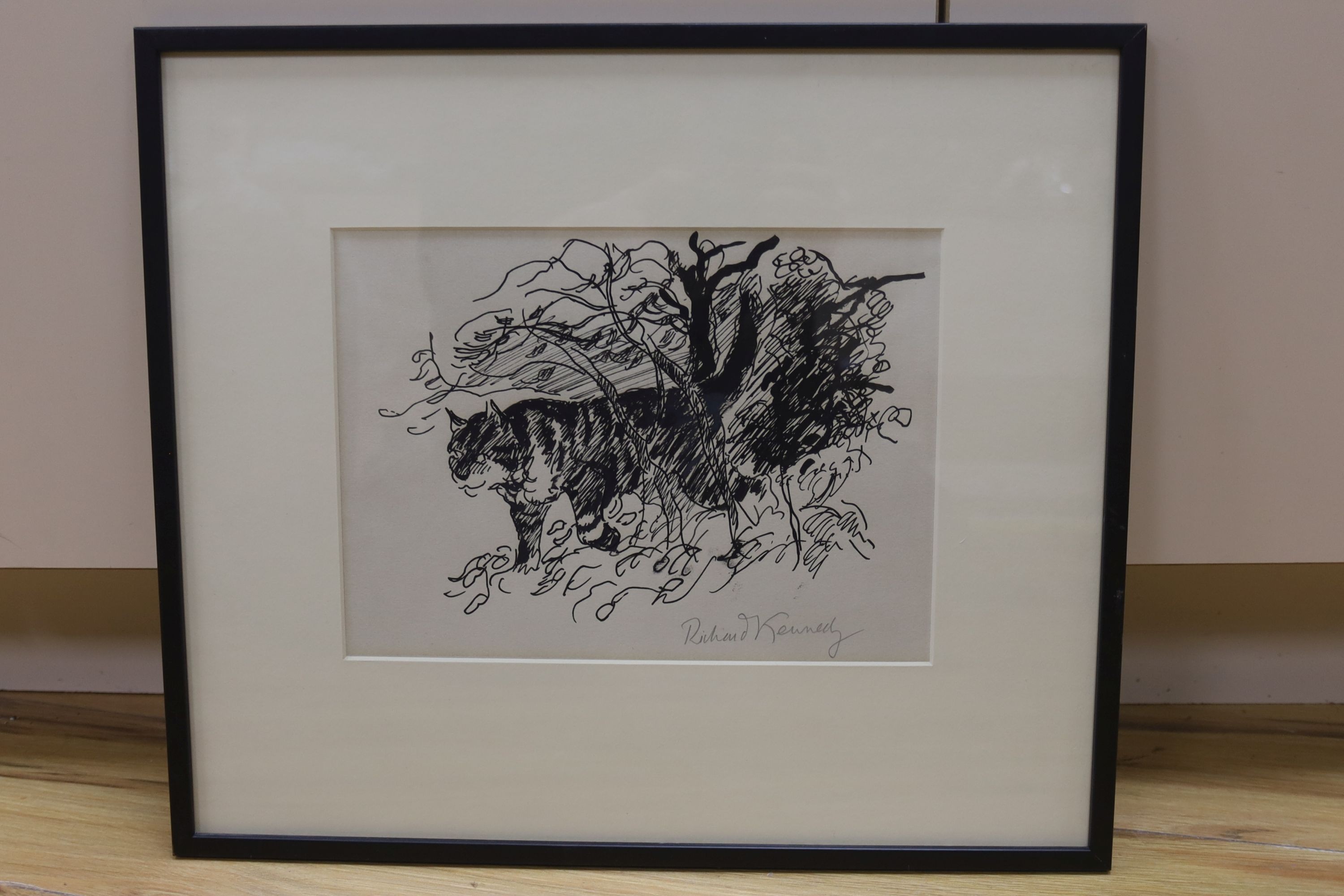 Richard Kennedy (1910-1989), pen and ink, 'Cat amongst the bushes', signed in pencil, 18 x 26cm